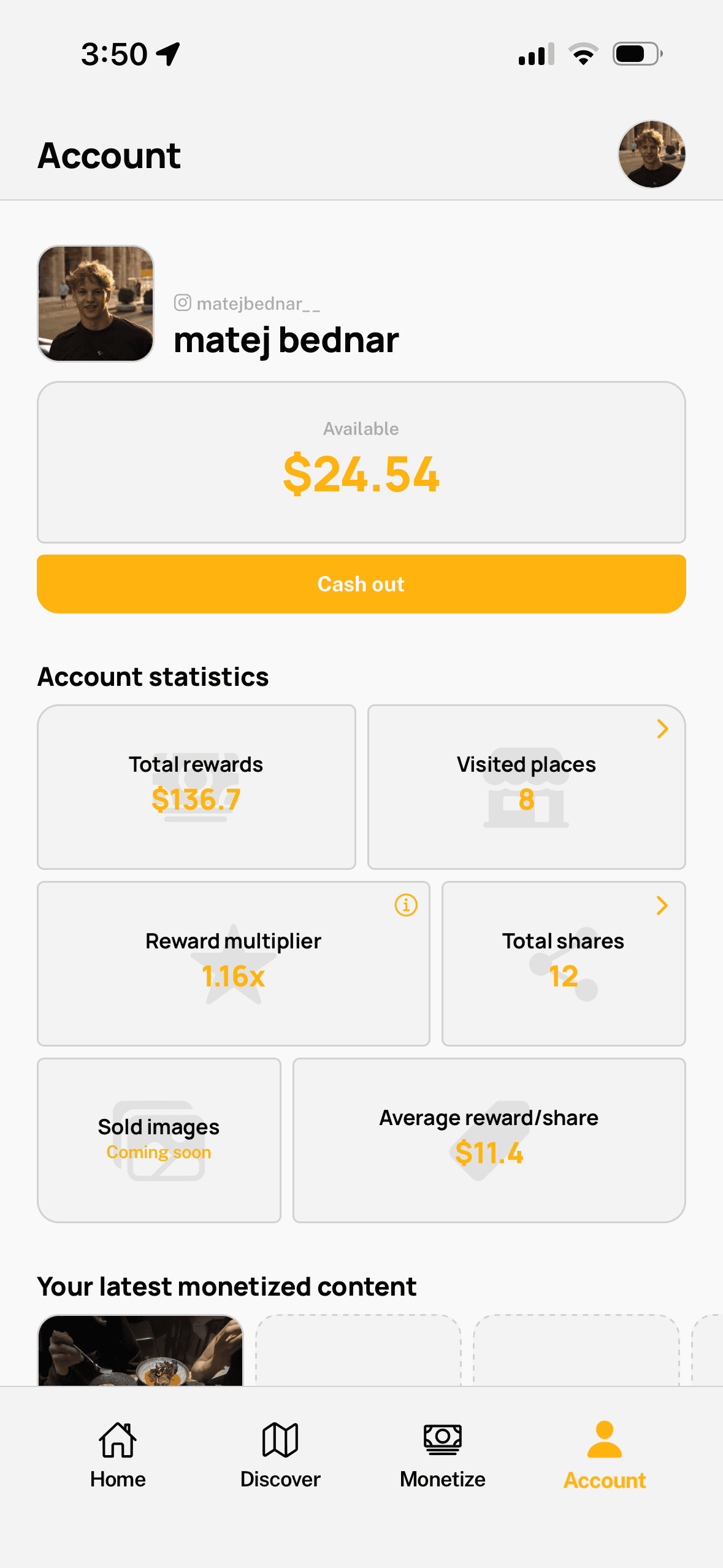 Flaer app Account screen showing a $24.54 available balance, a Cash out button, and account statistics including total rewards, visited places, and reward multiplier