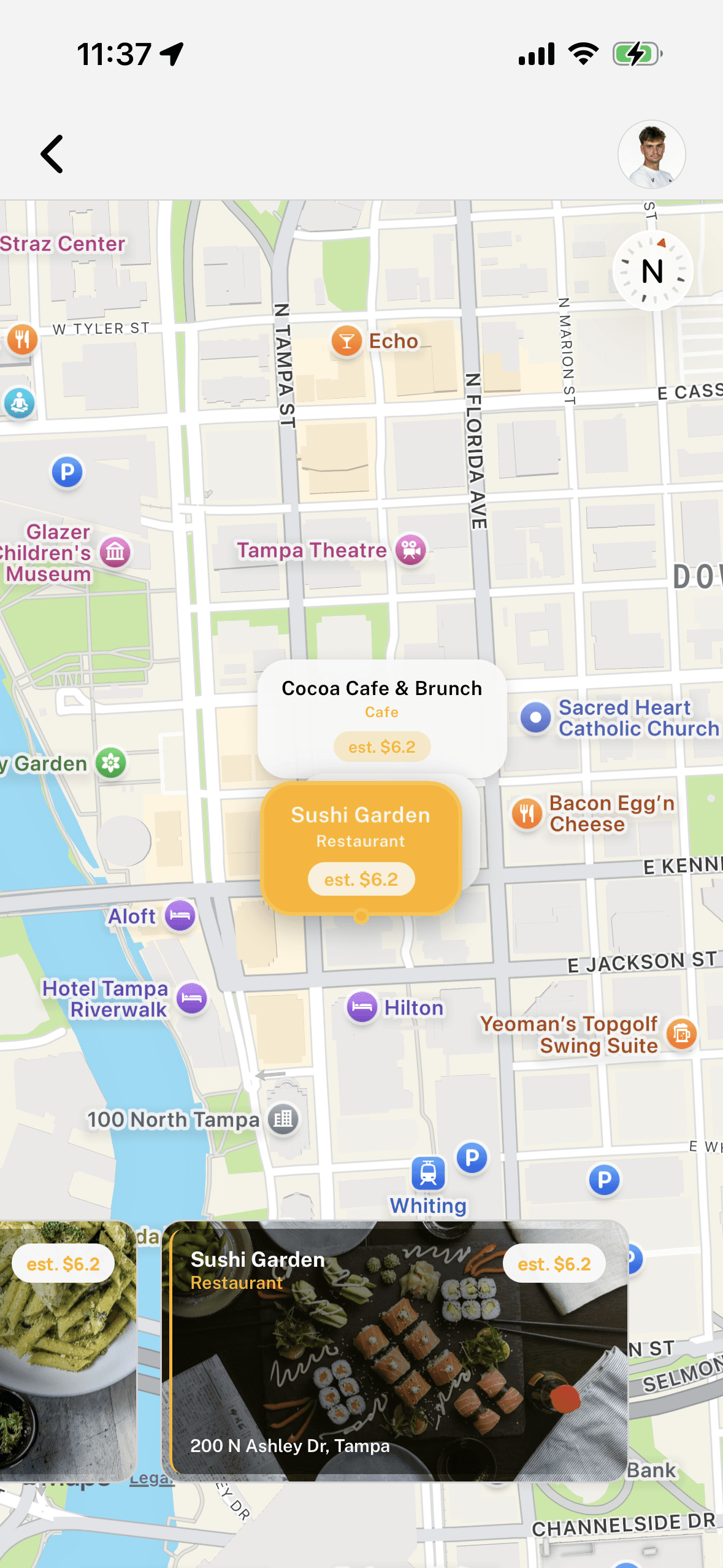 Flaer customer app showing a map with nearby businesses like Sushi Garden and The Brunch House, each displaying estimated customer rewards