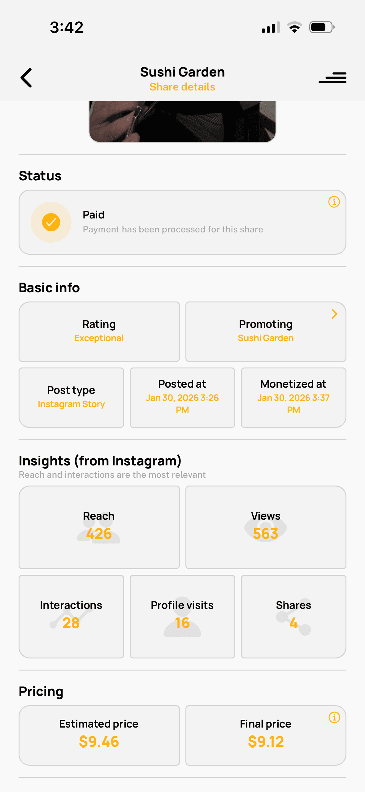 Flaer share details screen showing Instagram insights like 426 reach and 563 views, with a final calculated reward of $9.12