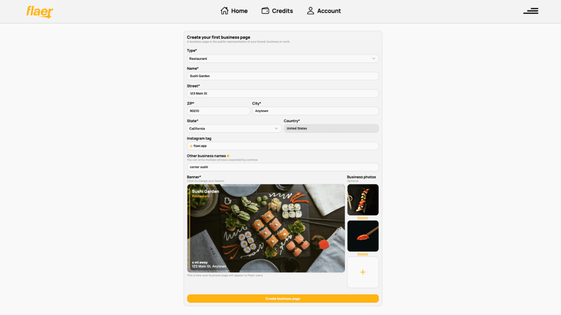 Flaer dashboard business page creation form with fields for type, name, address, Instagram tag, banner photo, and a preview of how Sushi Garden appears to customers