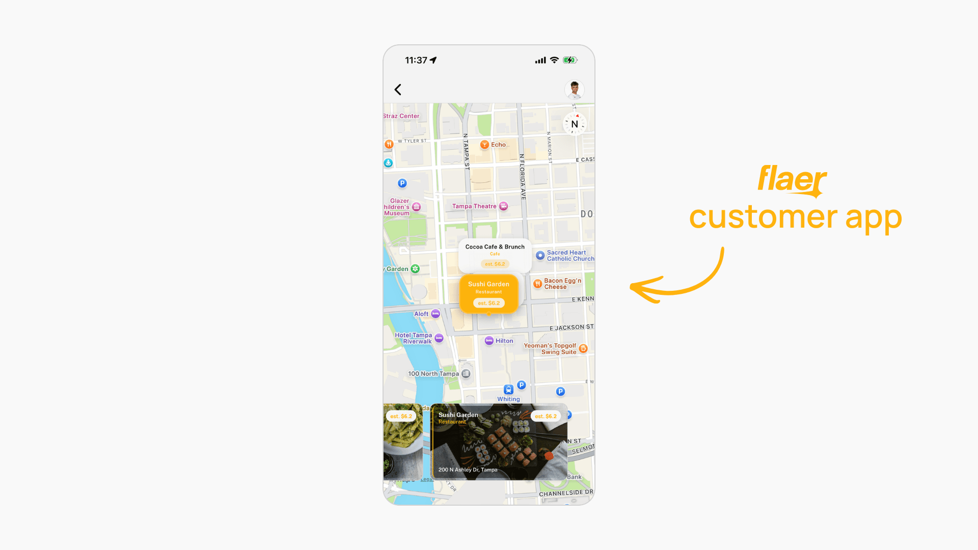 Flaer customer app on an iPhone showing a map of Tampa with nearby businesses like Sushi Garden and Cocoa Cafe, each displaying estimated rewards, with an arrow pointing to the app labeled 'flaer customer app'