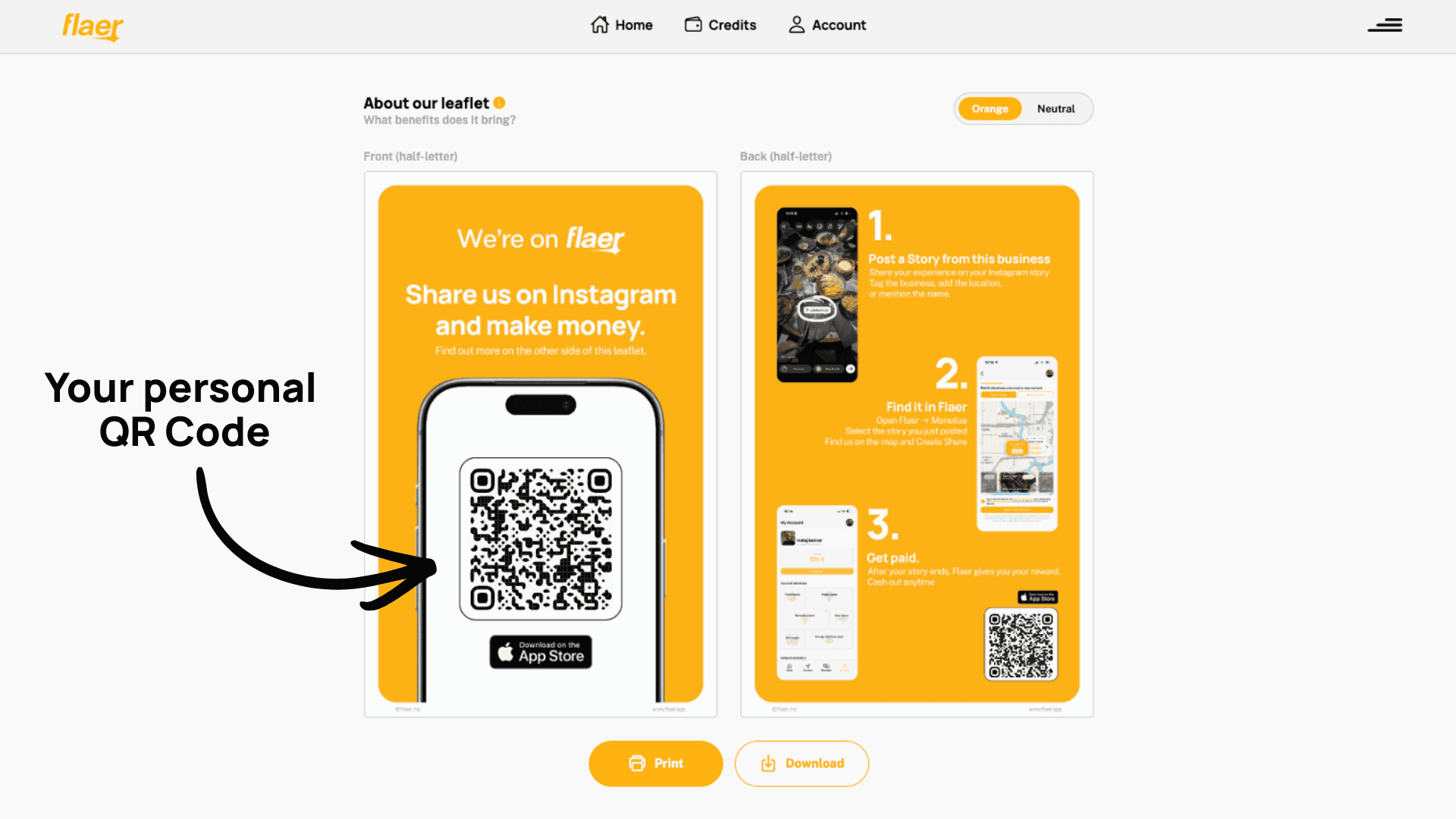 Flaer dashboard leaflet generator showing a printable two-sided flyer with a QR code, the text 'We're on Flaer, share us on Instagram and make money', and step-by-step instructions for customers