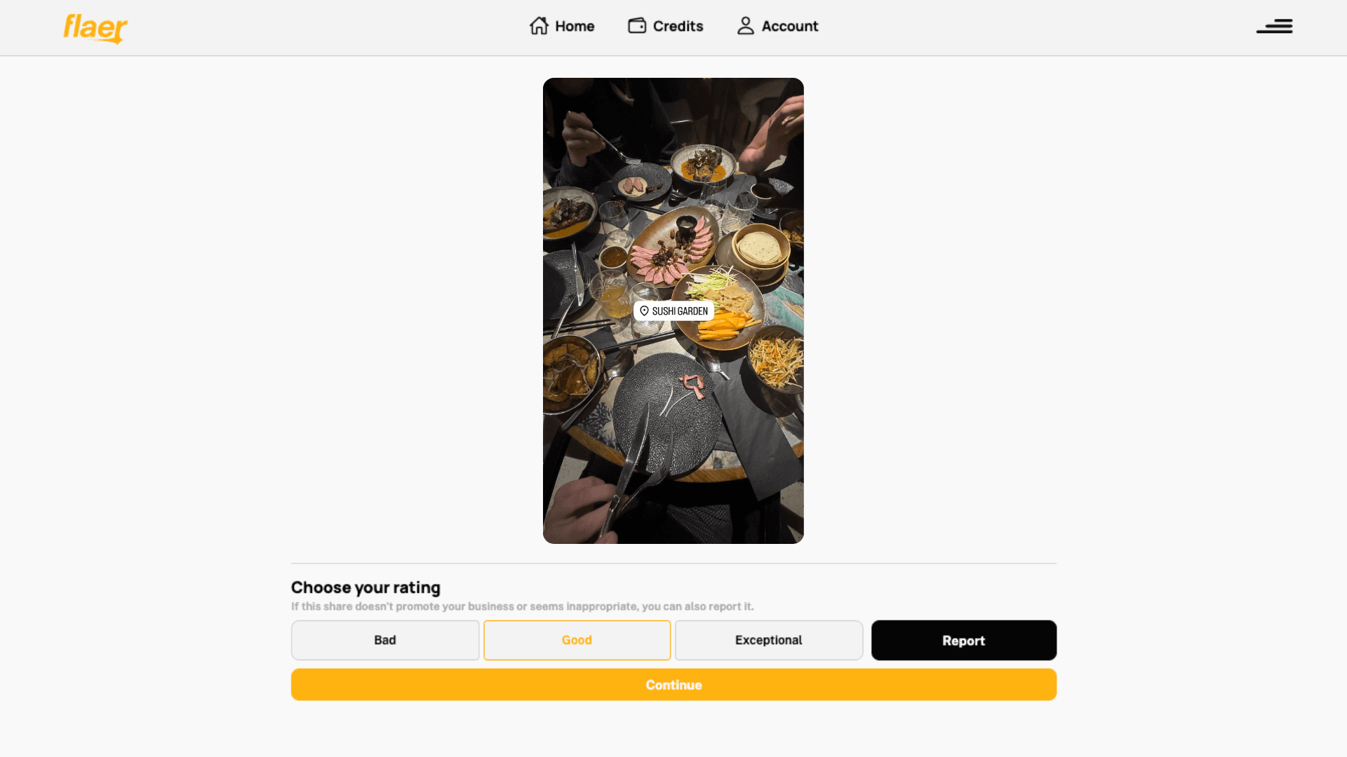 Flaer dashboard rating screen showing a customer's Instagram Story of a dinner table, with rating options from Bad to Exceptional and a Report button